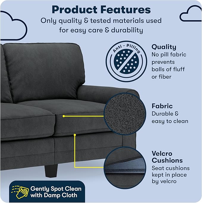 Serta Copenhagen 61 Rolled Arm Sofa Easy Care Polyester Soft Pillow Back Pocket Coil Seat Cushions Removable Covers Loveseat or Couch for Small Spaces Living Rooms or Bedrooms Charcoal
