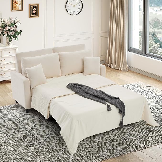 Antetek 72-inch Pull Out Sofa Bed with Mattress Convertible 2-in-1 Folding Full Size Chenille Futon Comfy Loveseat Sleeper Sofa Couch Bed with Square Arms for Guest Room Living Room Bedroom Beige