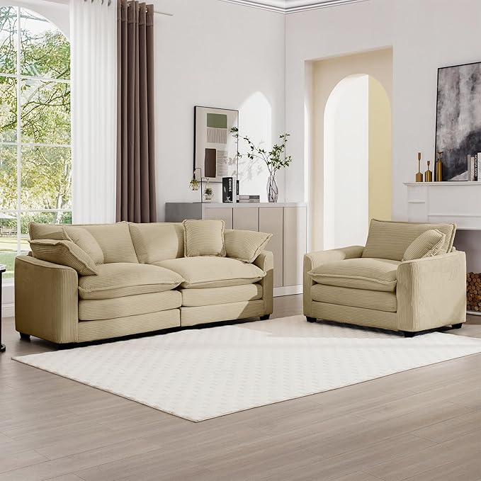 mikibama Luxury 2 Piece Sofa Set Loveseat Couch &amp Sofa Armchair Set Modern Corduroy Comfy Cloud Couches Set for Living Room Office with 2 Armrest Pillows and 3 Toss Pillows Camel