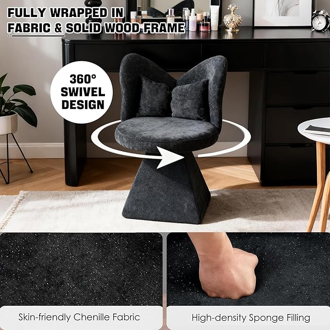 Makeup Vanity Chair with Butterfly Back and Bow Pillow 360° Swivel Accent Chair Vanity Stool Chairs with Chenille Fabric &amp Sturdy Base for Dressing Table/Bedroom/Living Room/Home Office (Black)