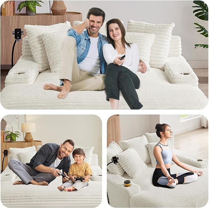65.35 Oversized Chaise Lounge Chair for 2 Upholstered Sleeper Sofa Bed with Cup Holders | Charging Station | Removable Backrest | Backrest Pilow Fluffy Chair Sofa Couch for Living Room Beige