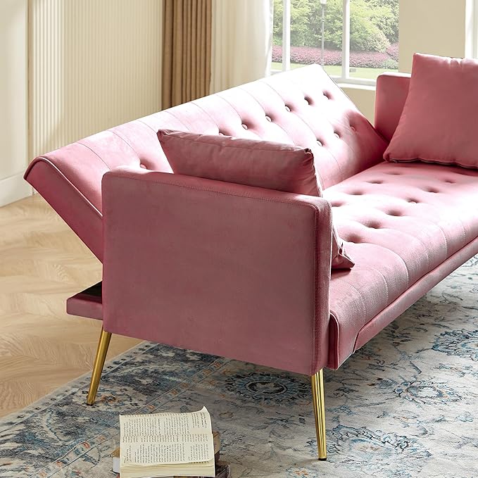 Anwick Modern Velvet Futon Sofa Bed: 72 Satin Convertible 2 Pillows Tufted Back Golden Metal Legs Folding Sleeper Loveseat for Small Space Home Office Living Room (Pink)