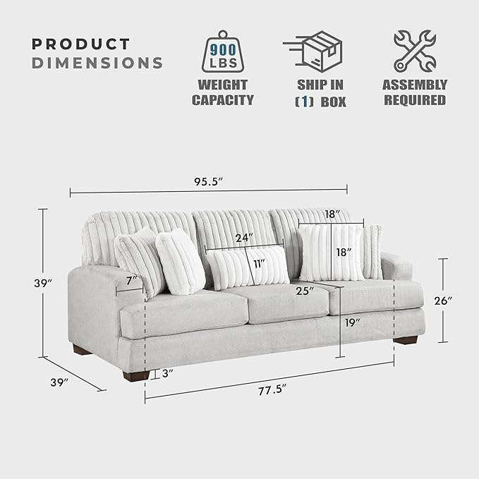 Lexicon Living Room Sofa Modern Sofa Couch Textured Microfiber &amp Corduroy Upholstered Sofa with Five Corduroy Pillows for Office/Living Room Light Gray