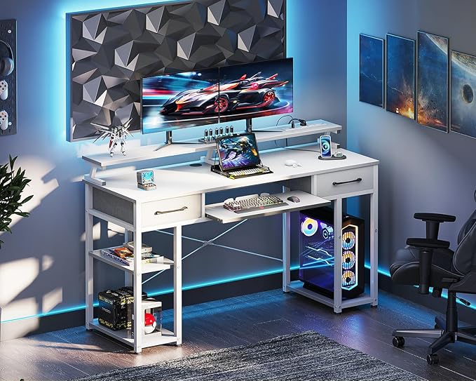 ODK Computer Desk with Drawers 55 Inch Office Desk with Power Outlet and Keyboard Tray &amp Storage Shelves &amp PC Stand Office Table Work Desk with Monitor Stand White