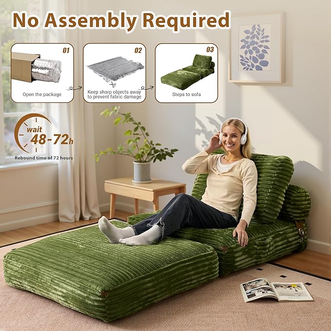 75'' Foldable Sofa Bed Convertible Sleeper Sofa with Pillow Boneless Corduroy Foldable Couch Bed Single Sleeper Chair for Small Spaces Living Room Bedroom StudioGreen