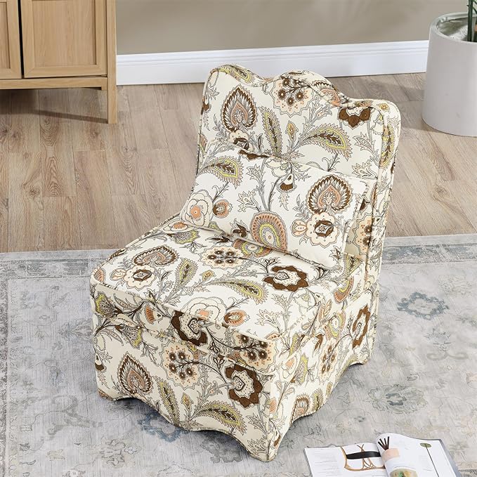 Polibi Retro Single Chair with Flower Pattern and Wave-Shape Edge Flannel Upholstered Armless Sofa Chair with Seat Cushion and Pillow for Living Room Bedroom Brown Flower