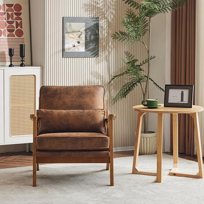 Karl home Accent Chair Wide Armrest Mid-Century Lounge Chair Bronzing Cloth Armchair with Lumbar Pillow &amp Solid Wood Frame for Living Room Bedroom Balcony Brown