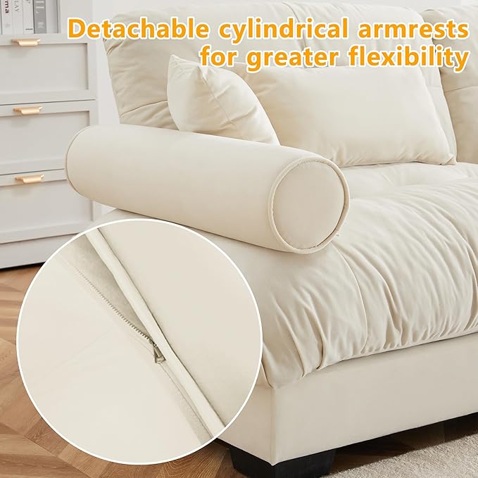 Loveseat Sofa 2 Seater Modular Sectional Sofa Large U Shaped Sectional Couches for Living Room Fluffy Couch Love Seat Velvet Cloud Couch with Ottoman Deep Seat Sofas for Living Home Cream