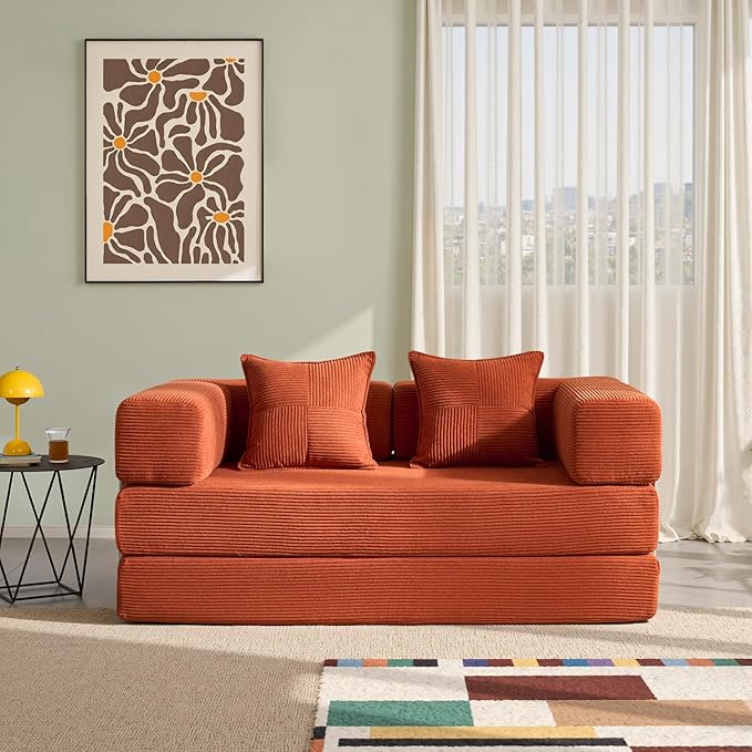 YINIX Sofa Bed 62'' Folding Floor Couch Compressed Convertable Sleeper Sofa Memory Foam Couch with Pillow Back Support Armrest 4-in-1 Futon Sofa Bed for Living Room Tangerine