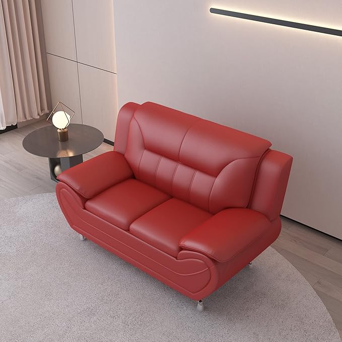 Michael Modern Faux Leather Upholstered Stainless Steel Legs Living Room Loveseat Persian Red