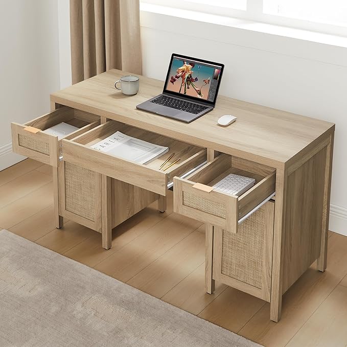 SICOTAS Rattan Executive Desk with Storage - Larger Home Office Desk with Drawers and Cabinets Farmhouse Boho Computer Table Vanity Desk for Study Office Living Room Light Oak (2 Pieces)