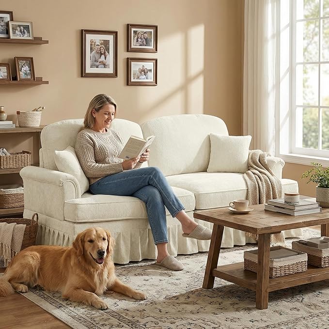 Casaphoria Mid-Century Modern Oversized Loveseat Sofa 2-Seater Chenille Couch with Removable Ruffle Skirt Flared Arms Spindle Legs &amp Throw Pillow for Living Room Apartment