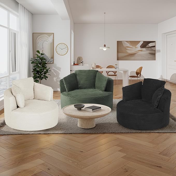 Round Chair Lounge Chaise Indoor 48.8 Oversized Sofa Chair Upholstered Corduroy Deep Seat Sleeper Sofa Bed No Assembly Required for Living Room Bedroom Apartment White