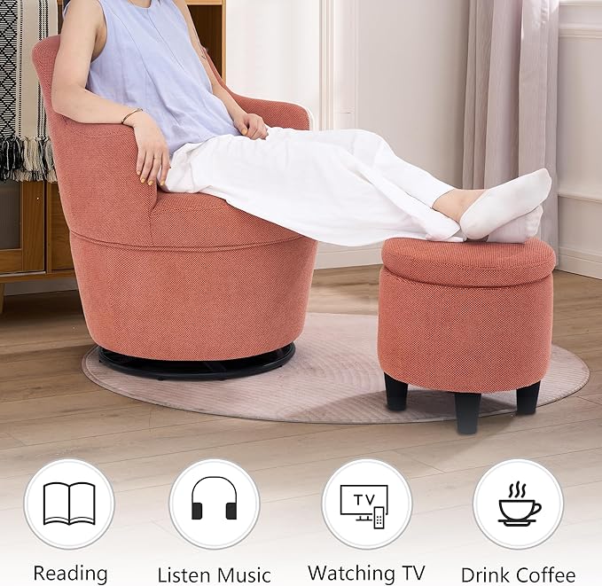 Swivel Accent Chair with Ottoman Fabric Small Barrel Chair with Footstool Modern Round Bedroom Chair for Living Room Orange