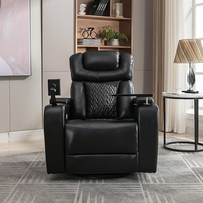 270 Degree Swivel Chair PU Leather Power Recliner Individual Seat with Comforable Backrest Tray Table Phone Holder Cup Holder USB Port Hidden Arm Storage for Living Room Home Theater Black