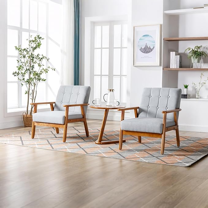 Linen Accent Chair Set of 2 Mid-Century Modern Armchair with Solid Wood Armrests Button-Tufted Comfortable Cushioned Reading Chairs for Living Room Bedroom (Light Grey
