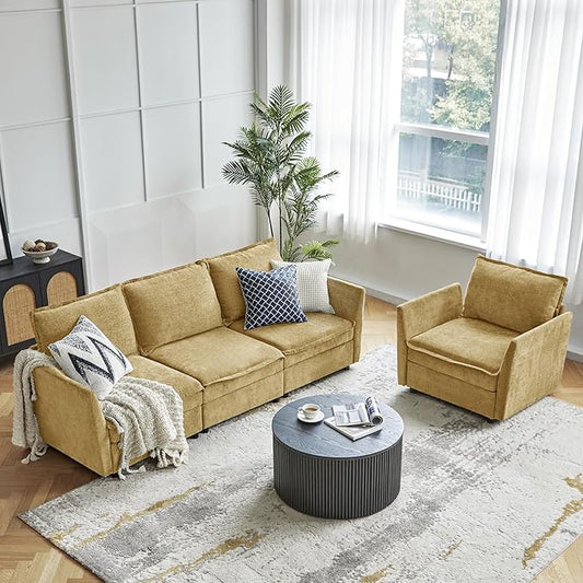 HULALA HOME Modern Chenille Sofa Set Single Seat Sofa 3 Seat Sofa 2 Piece Cloud Couches Set with Storage Comfy Deep Upholstered Armchair Couches for Living Room Apartment Cream