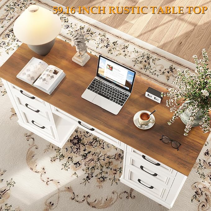 Vabches Farmhouse 59'' Executive Desk with File DrawersLarge Wood Home Office Workstation with Ample StorageRustic Writing Desk for Study.