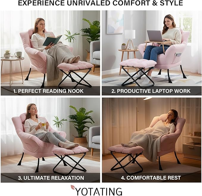 Lazy Chair with Ottoman Modern Accent Leisure Sofa Chair with Footrest Stool &amp Throw Pillow Modern Lounge Chair with Armrests for Living Room Pink