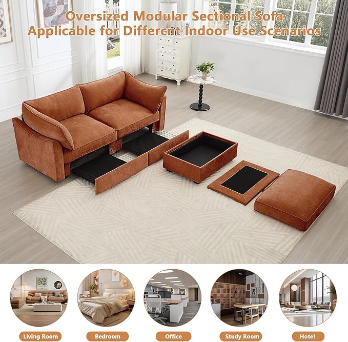 Modular Sectional Sofa with Pull Out Storage Drawers 78.7 L-Shaped Comfy Chenille 2-Seat Sofa with Storage Ottoman Upholstered Deep Loveseat Couch with 2 Pillows for Living Room Orange