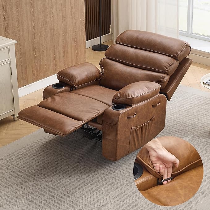 PU Leather Recliner Chair with Heat &amp 8-Point Massage Extra Wide Manual Recliner for Adults q235 Steel Frame Side Pockets 1.5X Comfort Arm &amp Back Lazy Boy Sofa for Living Room or Bedroom