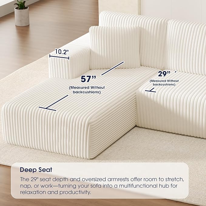 KINGYES 107'' Modular Sectional Sofa L Shaped Cloud Couch for Living Room Modern Plush Corduroy Boneless Sofa with Chaise for Bedroom Beige