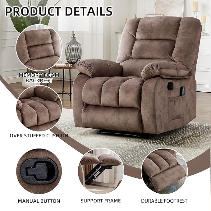EBELLO Massage Recliner Chair with Vibration Massage and Heat Soft Fabric Overstuffed Manual Reclining Sofa Chair for Living Room with Side Pocket Light Brown