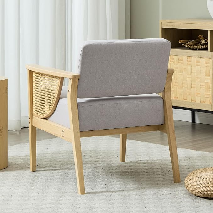 Mid-Century Accent Chair Set of 2 Modern Rattan Armchair Linen Lounge Chair with Wood Legs Upholstered Leisure Chair for Living Room Bedroom Reception Room Grey