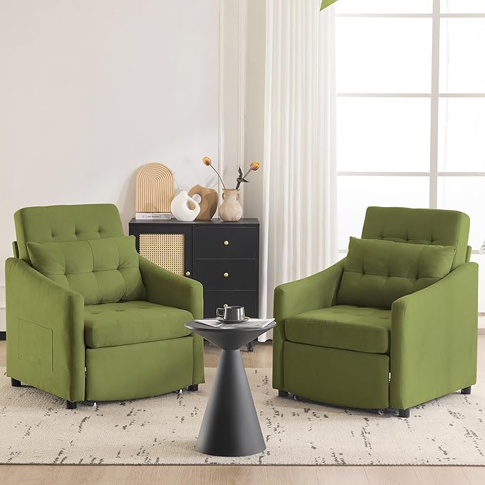 Bezseller Convertible Sofa Bed Chair 3-in-1 Sleeper Chair with Storage Drawer Pull Out Couch with Side Pocket Pillow and Adjustable Backrest for Small Spaces Living Room Green