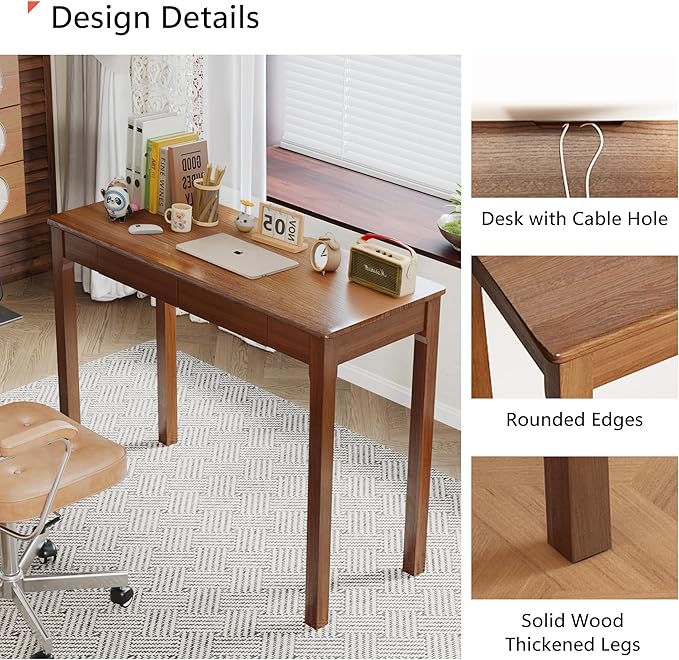 Solid Wood Desk with Drawers - 39 Narrow Desks for Small Spaces Mid Century Modern Desks Small Wooden Vintage Computer Writing Desk Study Table for Home Office Bedroom Walnut