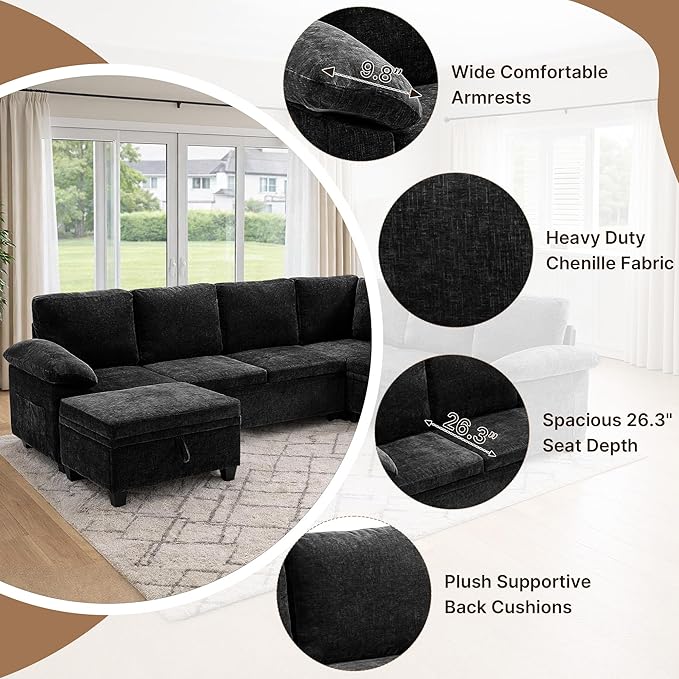 85 Modular Sectional Sofa Bed with Storage L Shaped Pull-Out Sleeper Sofa Removable Chenille Sofa Cover for Living Room (Black 5 Seat) | Modular Sectional Removable Cover Built-In Storage Hidde