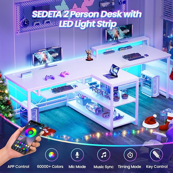 SEDETA 94.5 White Computer Desk Two Person Gaming Desk with LED Light Keyboard Tray Power Strip with USB Monitor Shelf &amp Storage Extra Long Double Desk for Home Office White