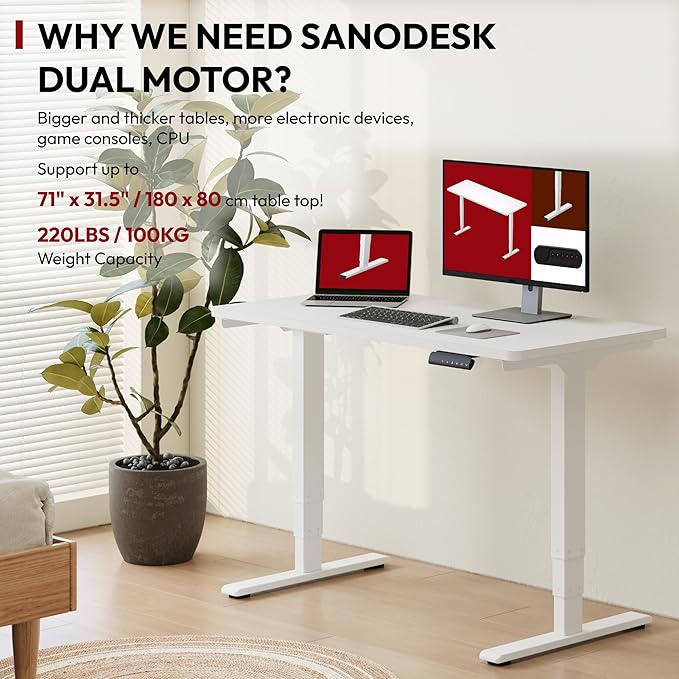 SANODESK 48 Electric Standing DeskOne-Piece Dual Motor Height Adjustable Desk Stable and Durable 3-Stage Stand up Desk for Home Office (White Frame/48 x 30 Inch White top)