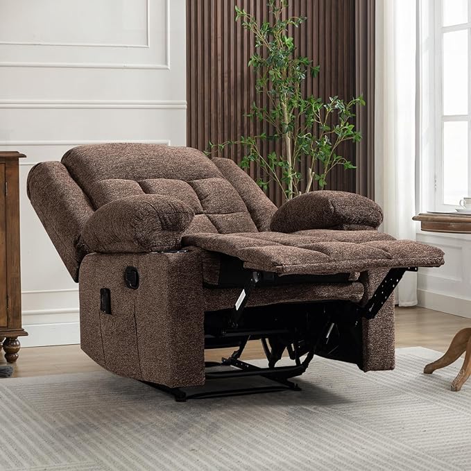 EBELLO Manual Recliner Chair for Adults with Vibration Massage and Lumbar Heating Soft Fabric Recliner Single Sofa with Side Pocket and Two Cup Holders for Living Room Set of 2 Brown