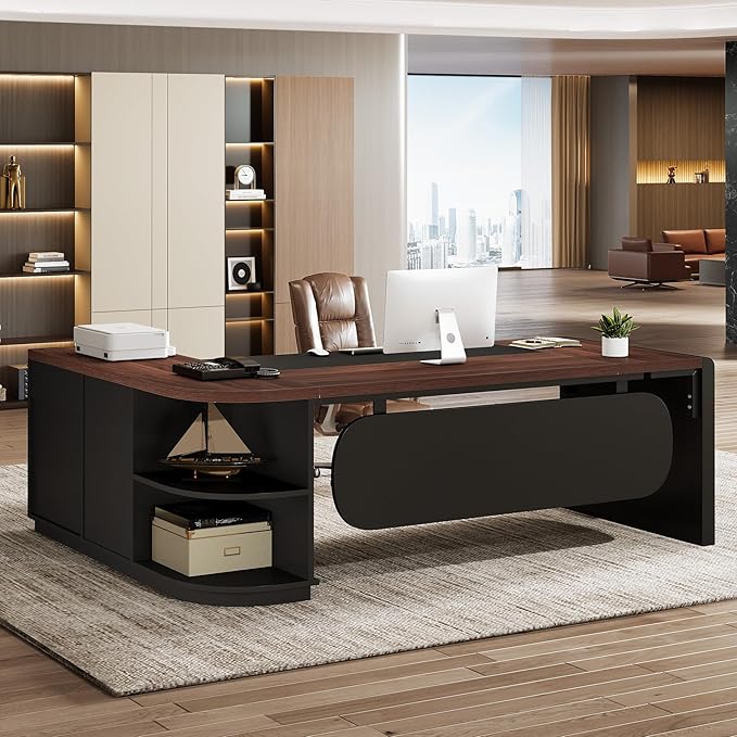 Tribesigns 80'' L-Shaped Desk Large Executive Office Desk with 55'' Drawers Cabinet Modern Computer Table with Storage Shelves Business Furniture for Home Office Walnut &amp Black