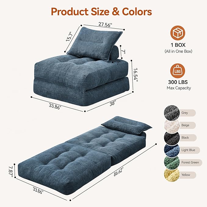 Folding Sofa Bed Fold Out Chair Bed with Pillow Convertible Sleeper Chair for Living Room/Small Spaces Foldable Lazy Sofa Bed Floor Chair Comfy Teddy Velvet Couch Bed Light Blue
