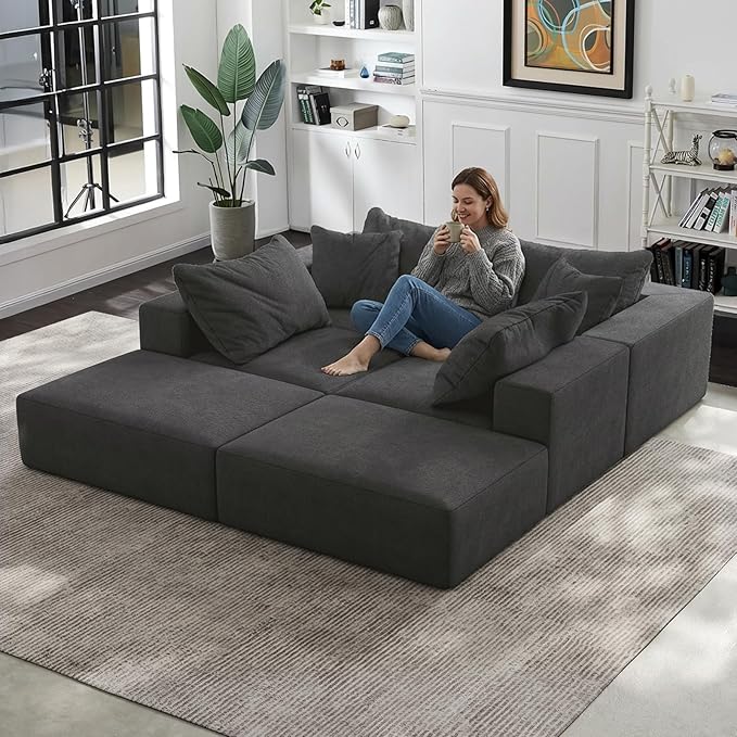 197” Modular L-Shaped Sectional Sofa Cloud Chenille Couch with 6 Pillows No-Assembly Customizable Sofa for Living Room &amp Bedroom Gray