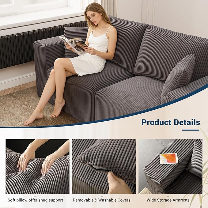 Modular Loveseat Couch Cloud Couches for Living Room - 79 Boneless Sofa - No Assembly Required Cozy Corduroy Convertible Full Sponge Compression Sofas for House Apartment(Grey)