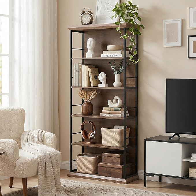 LITTLE TREE 5-Tier Bookcase 72 Inches Farmhouse Wooden Bookshelf Free-Standing Display Storage Shelves for Home Office Living Room Kitchen Room Brown