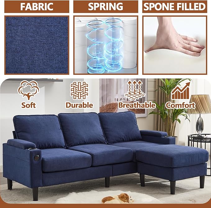 78 3 Seater Couch with Storage Ottoman/Cup Holders/USB Gray Small Sectional Couches for Living Room Cloud l Shaped Sofa for Small Spaces Apartment (Blue)