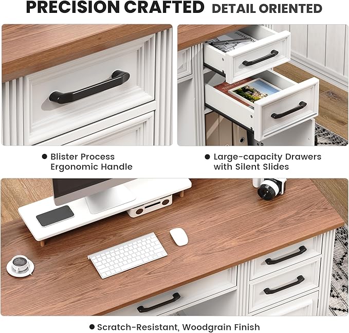 58 Farmhouse Executive Desk Wood Home Office Desk with Drawers Computer Desk with Drawers and Storage Cabinet Workstation for Office Home White
