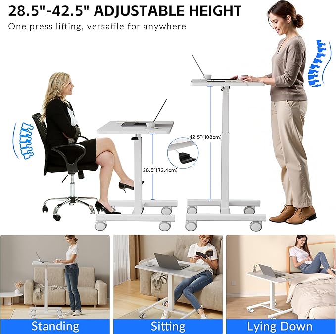 Mobile Laptop Standing Desk Adjustable Height Small Mobile Desk Workstation with Wheels Portable Rolling Computer Desk Cart for Home Office Classroom (White)