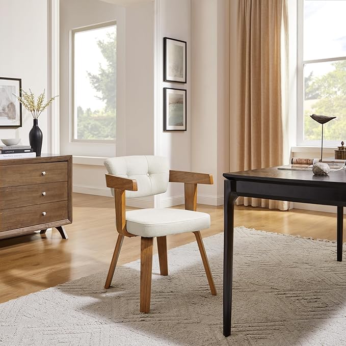 Art Leon Modern Dining Chairs - Set of 2 Mid Century Dining Chairs Fabric Upholstered Swivel Chairs Comfy Desk Chair No Wheels Accent Arm Chair for Kitchen Living Room Study Off White/Walnut