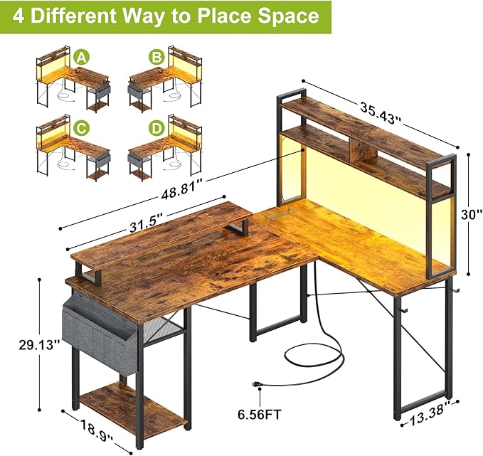 Small L Shaped Gaming Desk with Power Outlets 48 Reversible L Shaped LED Computer Desk with Monitor Stand &amp Storage Shelf Corner Gamer Desk Home Office Desk with Storage Bag Rustic Brown