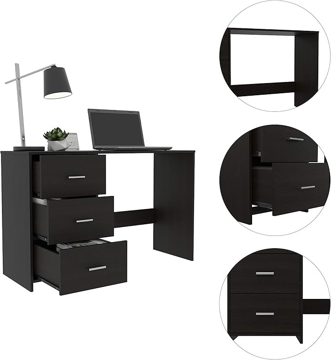 Black 3-Drawer Writing Desk - Compact Computer Desk for Home Office