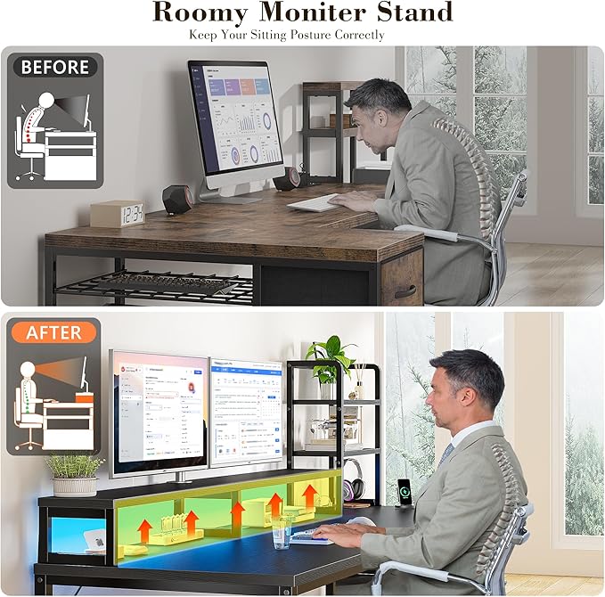 44 Inch Gaming Desk with Hutch and DrawersReversible Computer Desk with Monitor ShelfHome Office Desks with USB Power Outlets and StoragePc Small Gaming Desk for Office with LED LightsBlack