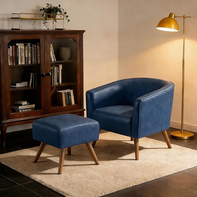 EJUNQ Accent Chair with OttomanModern Barrel Chair and FootrestMid Century Living Room ChairsUpholstered Armchair for Living Room/Bedroom/Reception Room/OfficeDark Blue