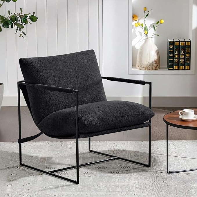 Furnilivng Large Sling Accent Chair Set of 2 Comfortable Boucle Fabric Arm Chair Upholstered Cozy Reading Chair for Living Room Bedroom Dressing Room Home Office Black