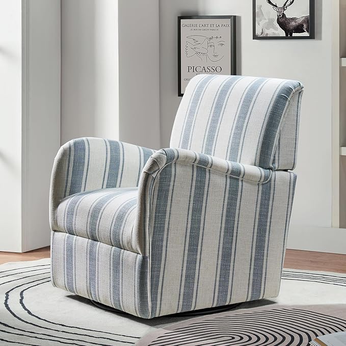 HULALA HOME Swivel Accent Chairs Set of 2 with Stripe Pattern Farmhouse Fabric Upholstered Armchairs with Metal Base 360° Swivel Traditional Sofa Chairs for Living Room Bedroom Blue