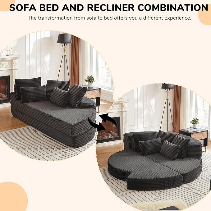 78.5 Oversized Round Chaise LoungeModular Convertible 2-in-1 Sofa Bed Upholstered CorduroyBoneless Plush Couches with PillowNo Assembly RequiredRAFBlack